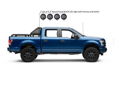Black Horse Off Road - GLADIATOR Roll Bar Kit-With 2 Set of 5.3" Black Trim Rings LED Flood Lights-Black-Silverado/Sierra 14+,Ford F-150 15+,Dodge Ram 15+|Black Horse Off Road - Image 33