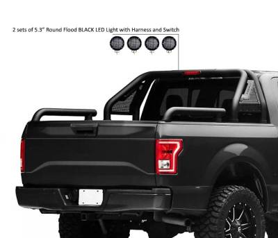 Black Horse Off Road - GLADIATOR Roll Bar Kit-With 2 Set of 5.3" Black Trim Rings LED Flood Lights-Black-Silverado/Sierra 14+,Ford F-150 15+,Dodge Ram 15+|Black Horse Off Road - Image 31