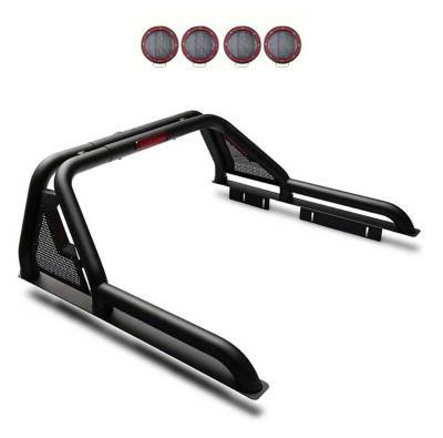 GLADIATOR Roll Bar Kit-With 2 Set of 5.3" Black Trim Rings LED Flood Lights-Black-2015-2026 GMC Canyon|2015-2026 Chevrolet Colorado|2015-2026 Toyota Tacoma|Black Horse Off Road