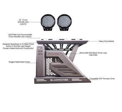 Black Horse Off Road - ARMOUR II Roll Bar W/Basket Kit-With Set of 9" Black Round LED Light-Black-2005-2026 Toyota Tacoma|Black Horse Off Road - Image 13