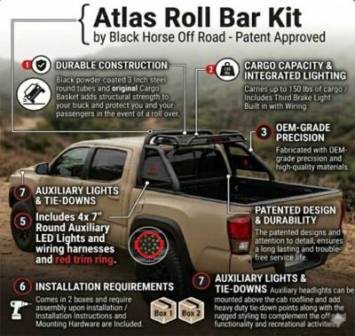 Black Horse Off Road - ATLAS Roll Bar Kit-With 2 Set of 7.0".Red Trim Rings LED Flood Lights-Black-2015-2026 Toyota Tacoma|Black Horse Off Road - Image 27