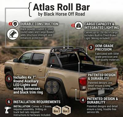 Black Horse Off Road - ATLAS Roll Bar Kit-With 2 Set of 7.0".Black Trim Rings LED Flood Lights-Black-2015-2026 Toyota Tacoma|Black Horse Off Road - Image 28
