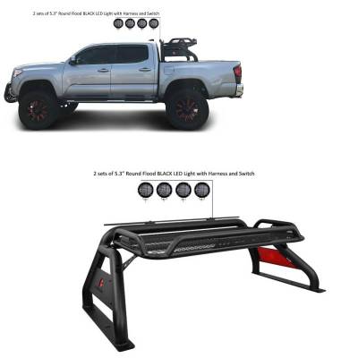Black Horse Off Road - ATLAS Roll Bar Kit-With 2 Set of 5.3" Black Trim Rings LED Flood Lights-Black-2015-2026 Toyota Tacoma|Black Horse Off Road - Image 3