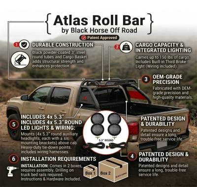 Black Horse Off Road - ATLAS Roll Bar Kit-With 2 Set of 5.3" Black Trim Rings LED Flood Lights-Black-2015-2026 Toyota Tacoma|Black Horse Off Road - Image 32