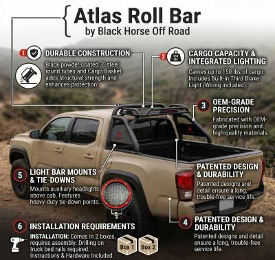 Black Horse Off Road - ATLAS Roll Bar Kit-With 2 Set of 5.3" Black Trim Rings LED Flood Lights-Black-2015-2026 Toyota Tacoma|Black Horse Off Road - Image 34