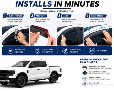 Black Horse Off Road - Black Horse Off Road [BHOR] |Tape On Rain Guard/Wind Deflectors|2019-2026 Ford Ranger Crew Cab|Smoke,4Pcs|#140387 - Image 8